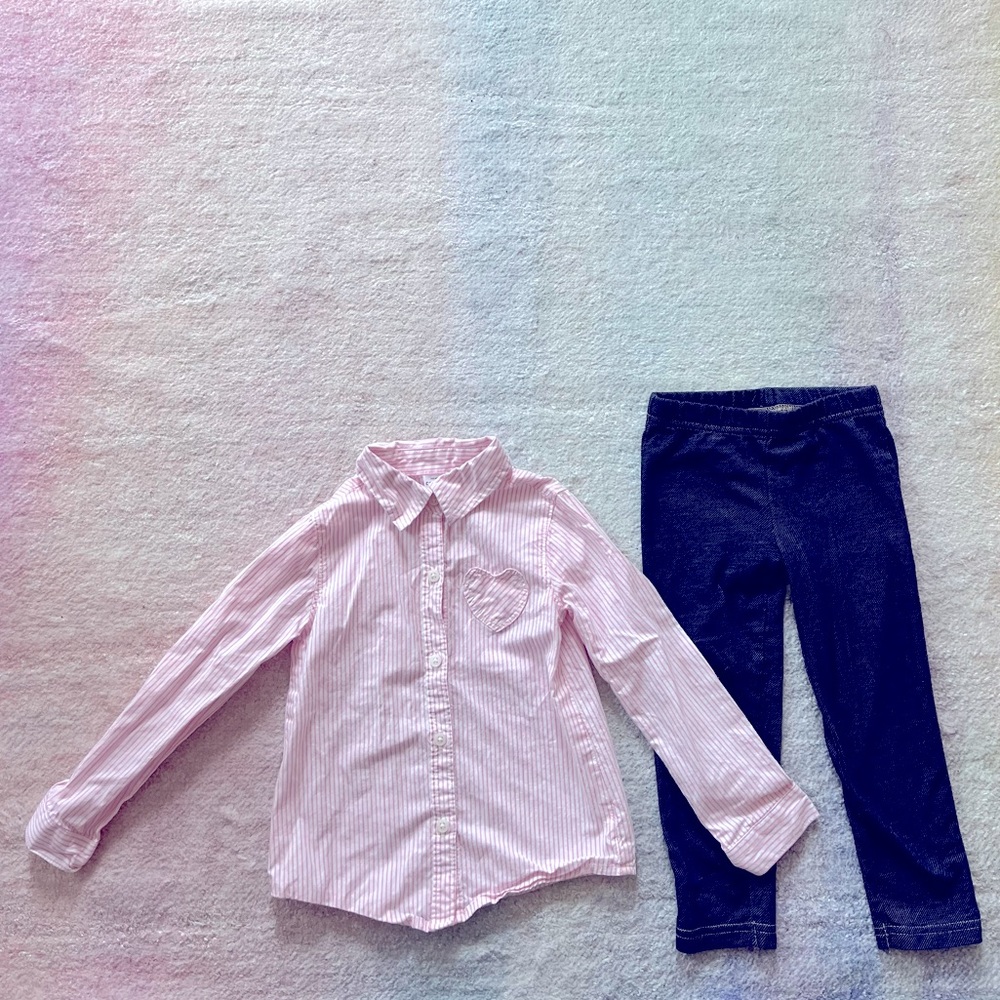 Carter’s Bundle of Pink Striped Button-Down and Denim Leggings - 3T